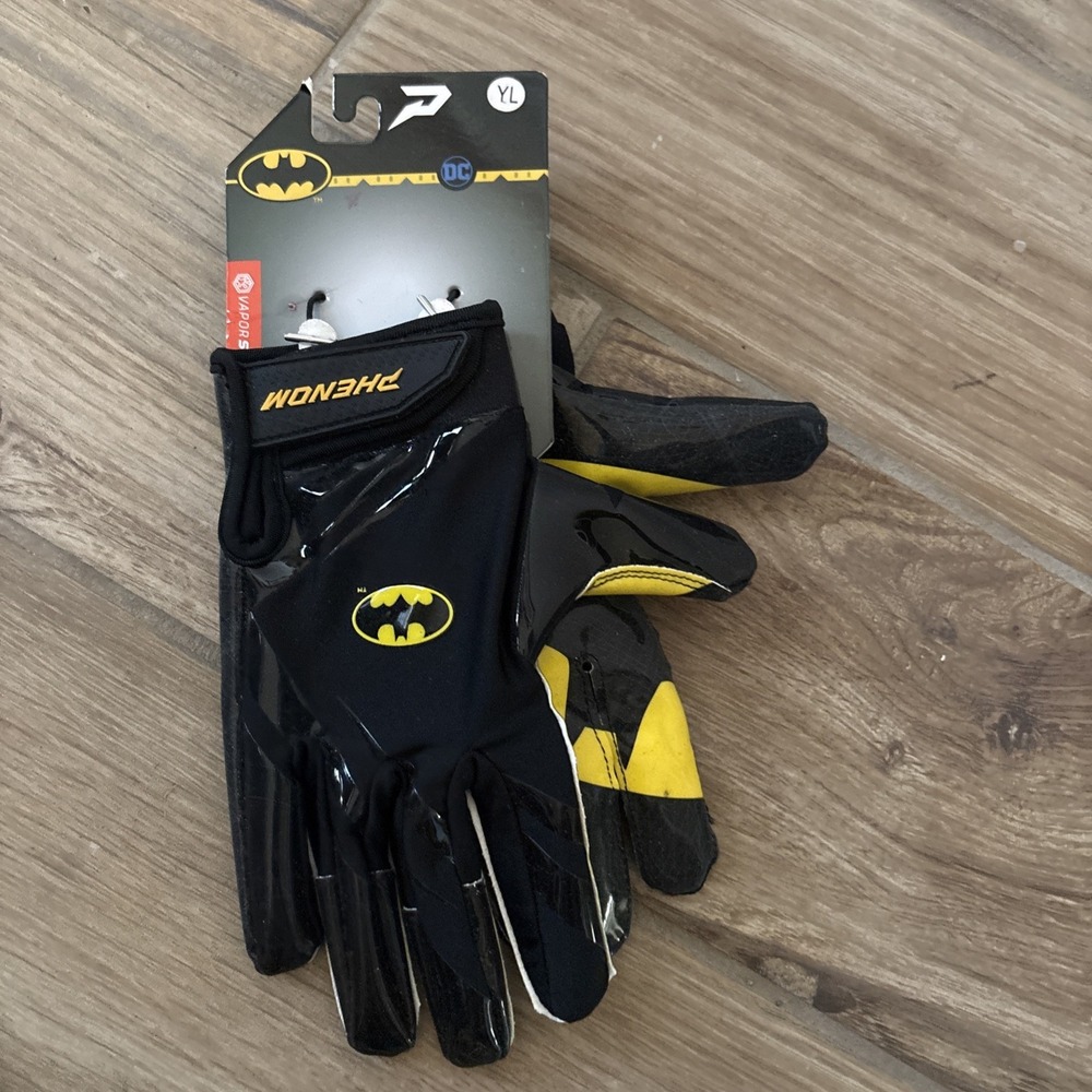 Phenom Vapor Stick Football Gloves Youth Large YL Batman Black Yellow NEW